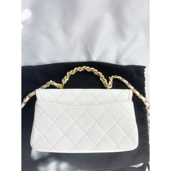 Chanel Timeless Classique Top Handle Leather Bag Quilted Flap White Cream Gold - Picture 5 of 15